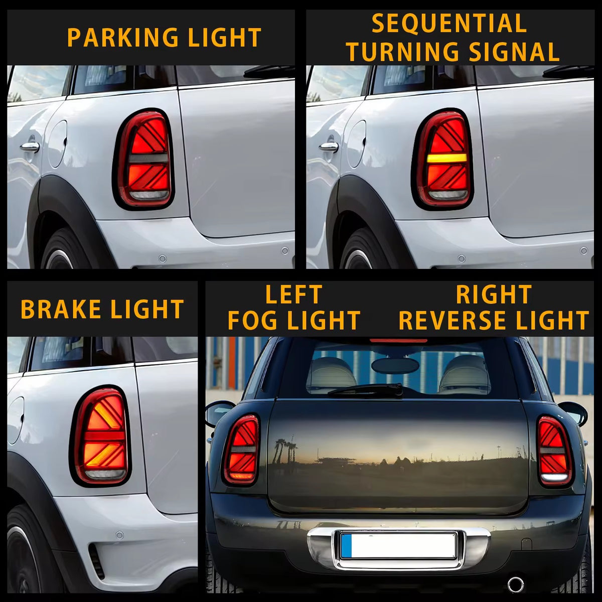 Mini Cooper Countryman R60 LED Tail Lights – Union Jack, Sequential Turn, Red Lens (2011–2016)