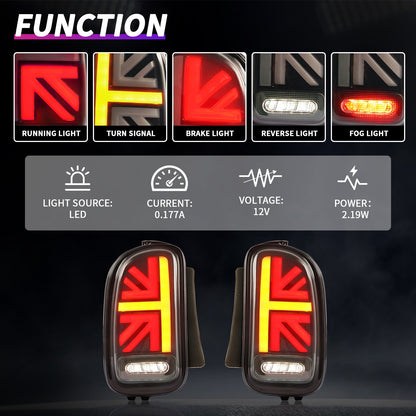 Mini Clubman R55 LED Tail Lights – Union Jack, Sequential Turn (2007–2014)